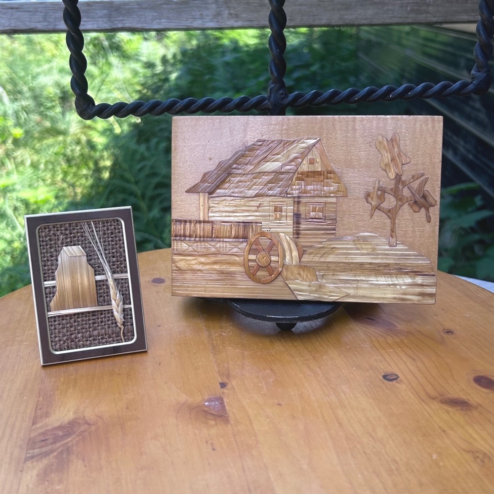 Vintage Straw Marquetry Old Mill Saskatchewan Prairie Folk Art Set Poland Polish